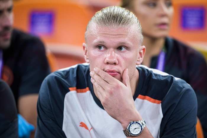 Manchester City striker Erling Haaland pictured watching from the sidelines during his team's FIFA Club World Cup semi-final against Urawa Red Diamonds in December 2023